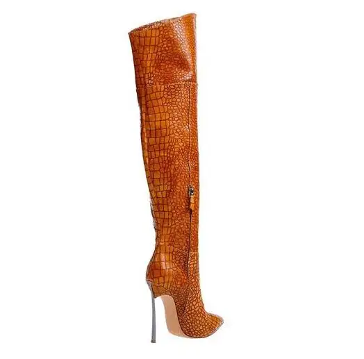 Gullick Sexy Cobra Skin Leather Over the Knee Boots Pointed Toe Blade Heels Thigh High Boots Black Brown Zipper Long Boot