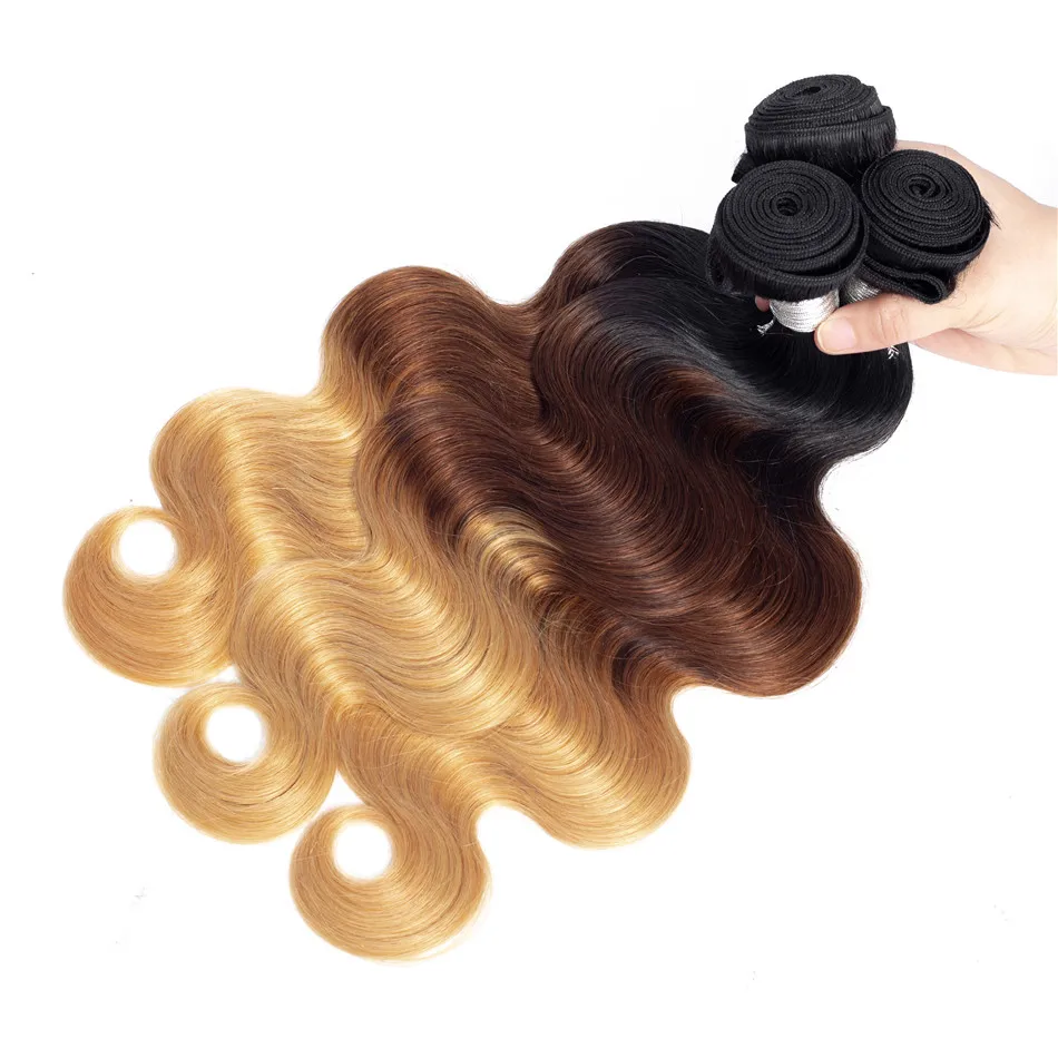 Ombre Bundles with Closure 1B/4/27# Three Tone Ably Brazilian Body Wave Blonde Remy Human Hair 3 Bundles with 4X4 Lace Closure