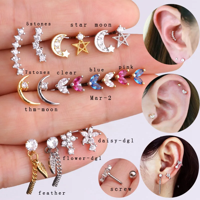 

Sellsets 1 Piece Curved Bar Five Or Seven Cz Piercing Moon Star CZ Dangle Cartilage Earring Tragus Helix Studs
