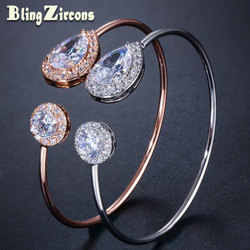 

BeaQueen Newest Big Round and Water Drop Cubic Zirconia Stone Open Cuff Bangles Adjustable Size Party Jewelry for Women B147