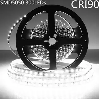 

LED Strip Light CRI90 SMD5050 16.4Ft(5M) 300LEDs Daylight White 5000K-6000K 60LEDs/M DC12V 72W 14.4W/M 10mm White PCB Flexible