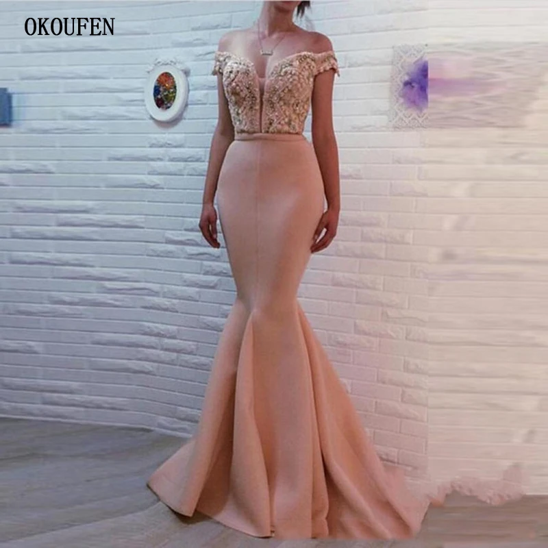 Vestidos de Baile Formal de Festa à Noite Vestidos de Festa Robe de Soiree Sereia Rosa Ombro Fora Sexy Miçangas Gala 2020