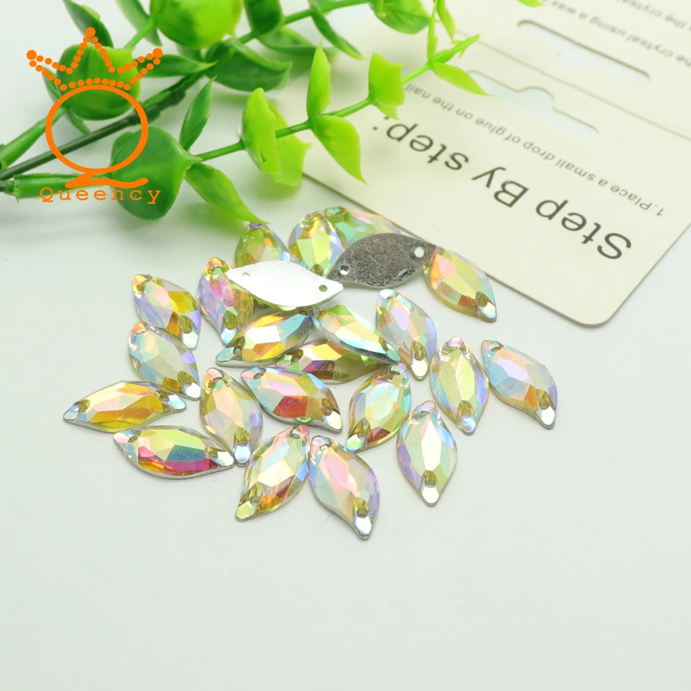 

Queency 9x19mm 30pcs Resin Leaf Shape Resin Sew On Rhinestones Flatback Sewing Rhinestone 2 Holes For Garments Accessories
