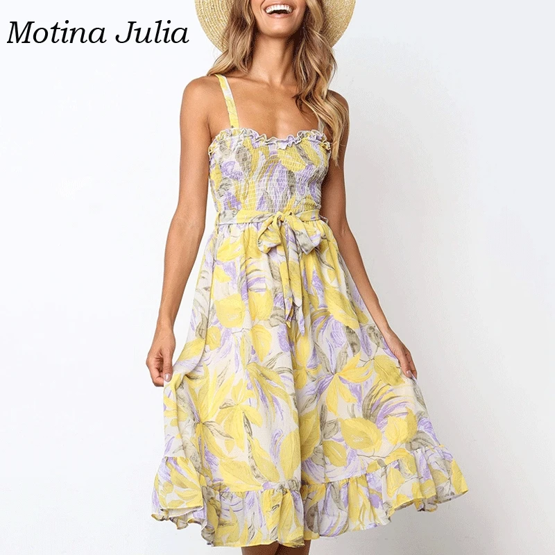 

Motina Julia chic print dress 2019 summer bohemian big pendulum sundress women bow knee length dress female vestidos