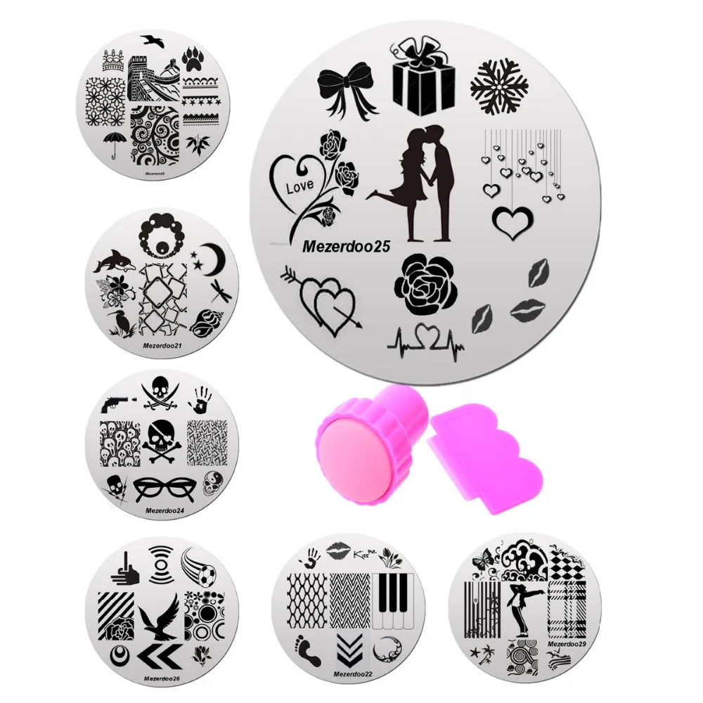 

10Pro Style Nail Art Stamping Stamp Plates +1pcs Stamper Scraper Set 5.5cm Round Manicure Nail Stamping Image Plates