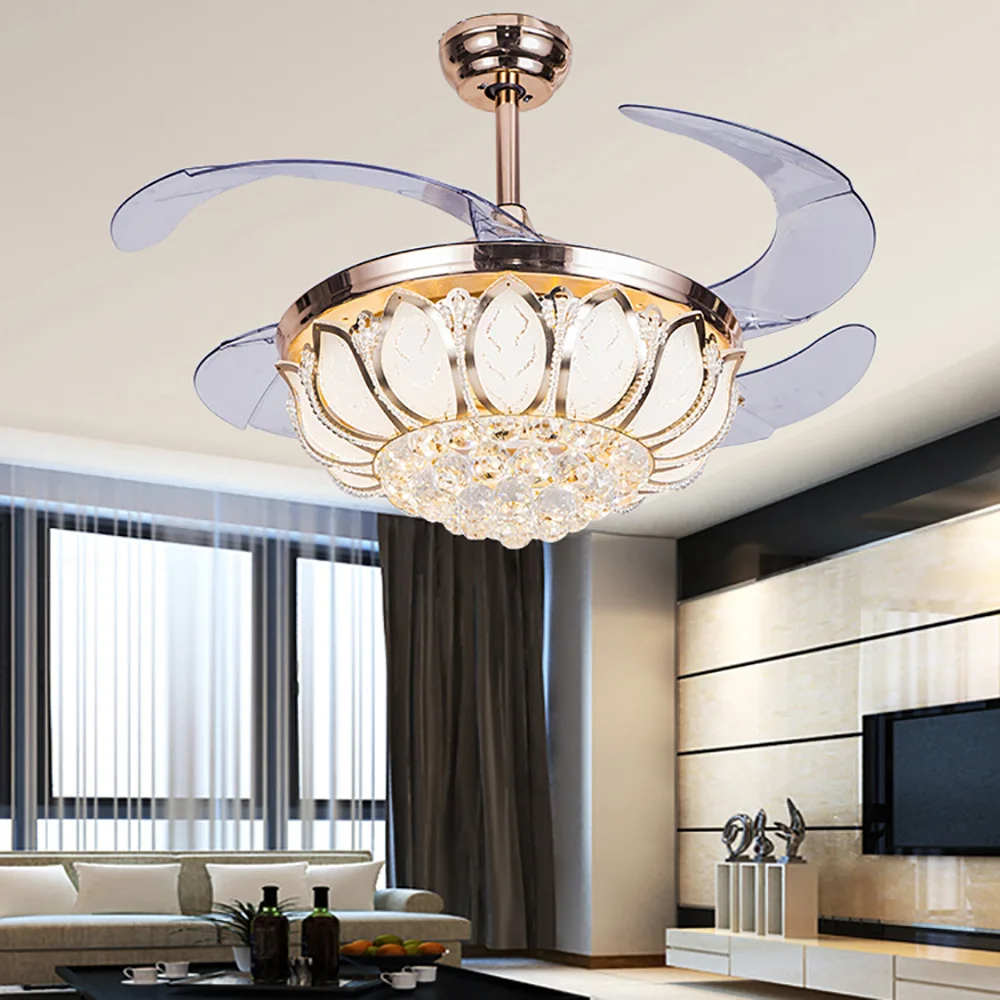 Ventiladores de teto com luzes de cristal retrátil dobrável crystalchandelier lustre luz