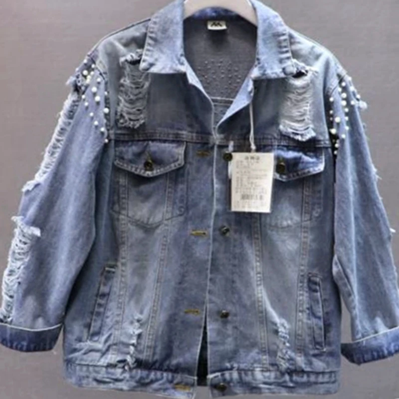 Роскошное джинсовое пальто с жемчугом, джинсовая куртка в стиле панк-рок, новинка, вышитый бисером хип-хоп жакет с дырками, большие размеры, пальто более размера, стирка водой LT576S50