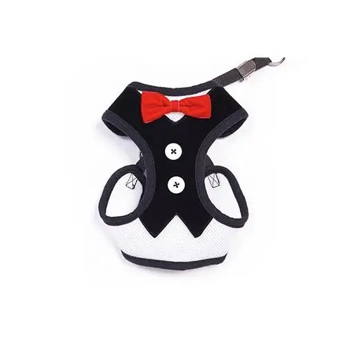 

College Style Dogs Cotton Harness Vest and Leash with Bowtie Boy Dog Cats Pet Walking Lead Suit College Cosplay Costumes Black