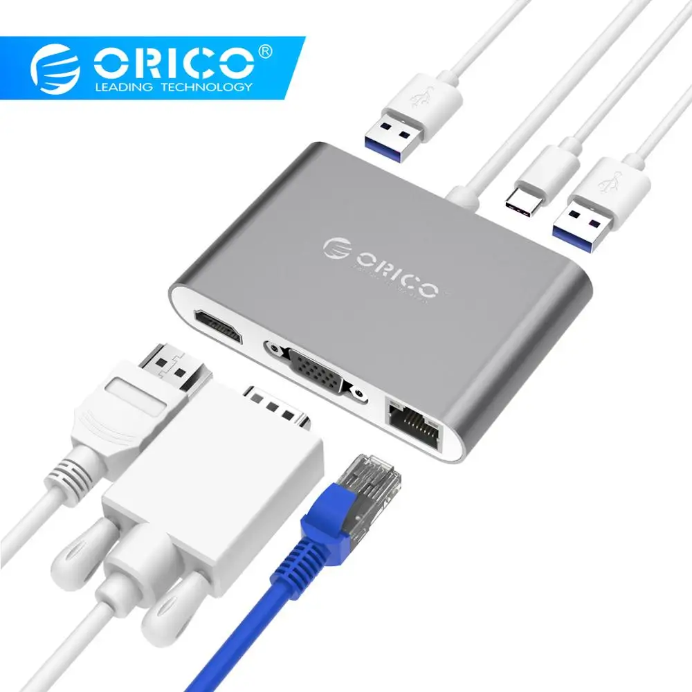 ORICO USB C концентратор для ноутбука PD функция зарядки алюминиевый сплав тип-c к HDMI/VGA/USB3.0/RJ45/SD TF кардридер 7 моделей серый