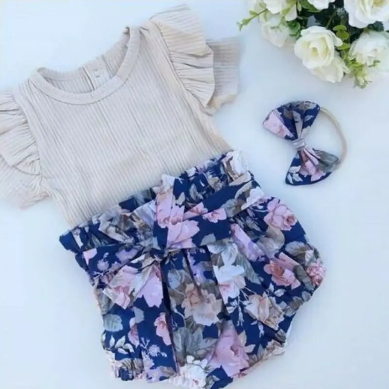 

Baby Kids Bodysuit Baby Girls Flower Tops Bodysuit Shorts Briefs Outfits Summer Beige Cotton Blend
