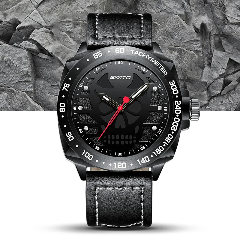 

Gimto New Cool Skull Quartz Watch Men Top Luxury Brand Black Military Leather Band Male Hand Wrist Watches Relogio Masculino