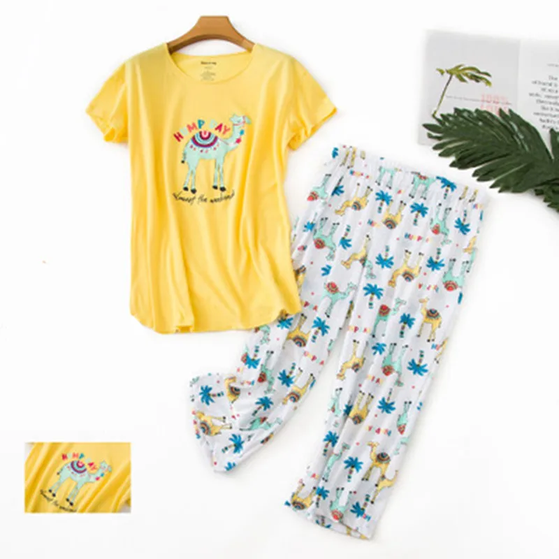 Хлопковые пижамы комплект футболка с короткими рукавами длинные штаны 2 шт./компл. сексуальная летняя Пижама большая Размеры мама домашняя одежда для сна - Цвет: Long Pants Style 8