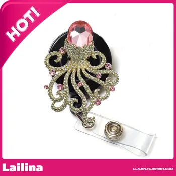 

Rhinestone Retractable Badge Reel/ID Badge Holder / Brooch /Pendant /Id Badge Holder (Gold Plated Big Pink Rhinestone Octopus)