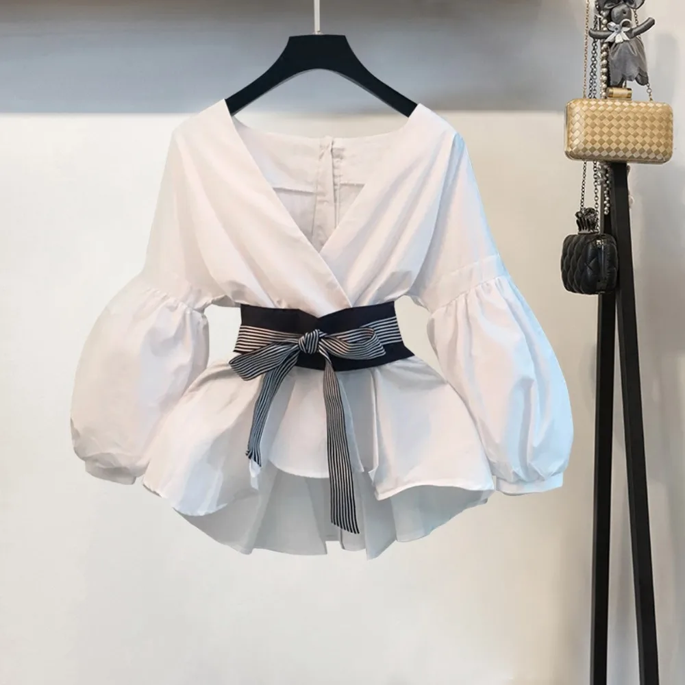 Высококачественная Летняя женская блузка с рукавом-фонариком, модная Корейская стильная Сексуальная полосатая элегантная рубашка с v-образным вырезом и бантом