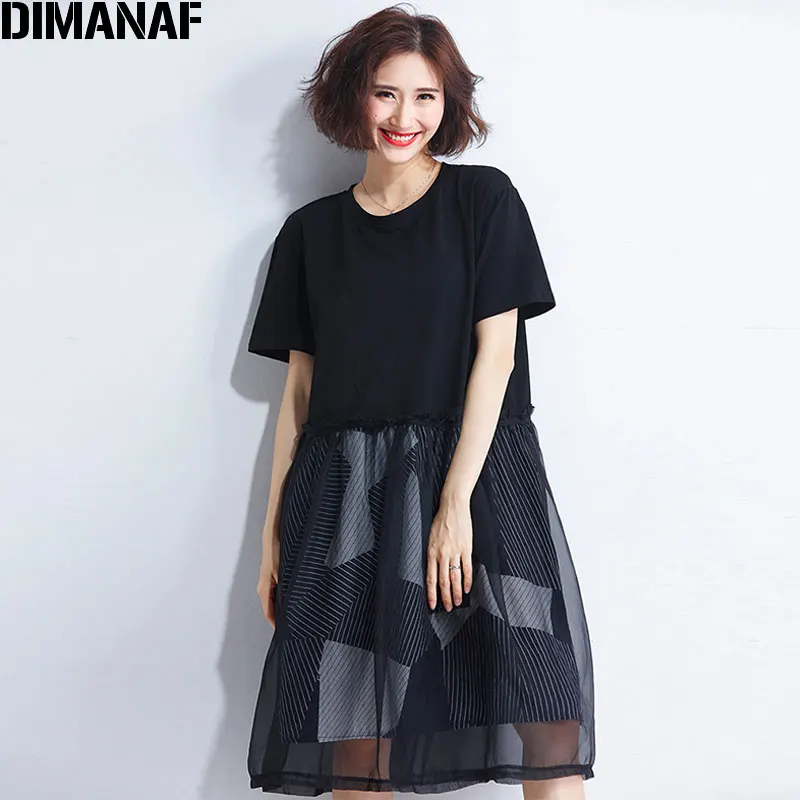 

DIMANAF 2018 New Women Summer Dress Plus Size Mesh Patchwork Striped Sexy Casual Elegant Lady Black Loose Black Female Dress