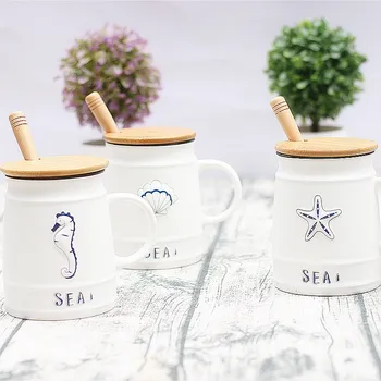 

Creative Marine Bio Ceramic Mug with spoon lid,Drinkware Coffee Tea Cups Novelty Gifts Nordic Style White Cup Wood Cover Mugs