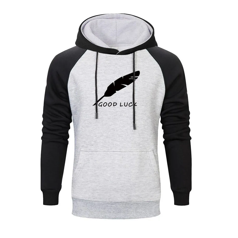 

2019 New Arrivals Fashion Brand Men Good Luck Raglan Hoodies Printed Feathers Men Casual Homme Clothing Mens Hoodies Streetwear