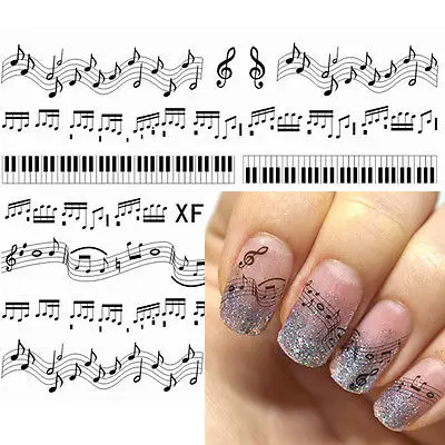 

1 Sheet Black Cute Musical Notes Piano Keys Pattern Nail Water Decals Nail Stickers Transfer Sticker XF127