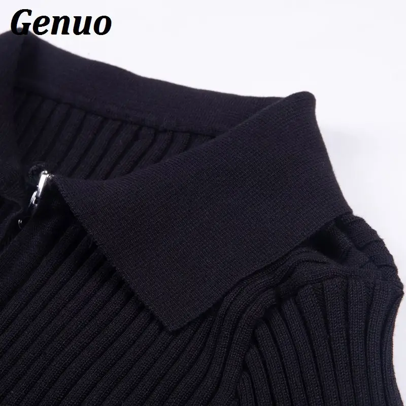 Genuo Women Knit Zipper Sweater Coats Sexy Lapel Full Sleeve Solid Slim Crop Tops Casual Autumn Winter Elastic Warm Knitwear