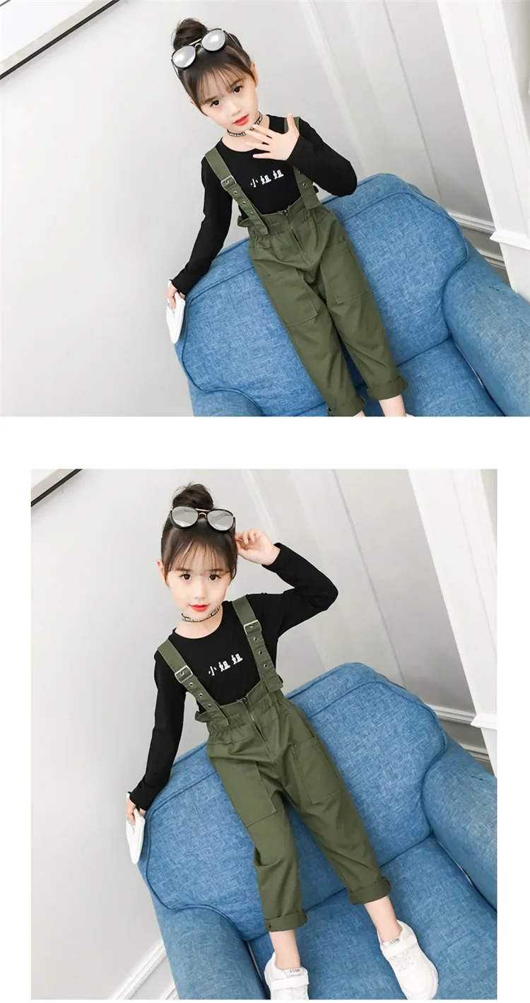 Комплект одежды для девочек 4-12 лет, осенняя футболка с надписью и капюшоном, комплект из 2 предметов(футболка+ комбинезон), модные весенние костюмы с футболкой в Корейском стиле