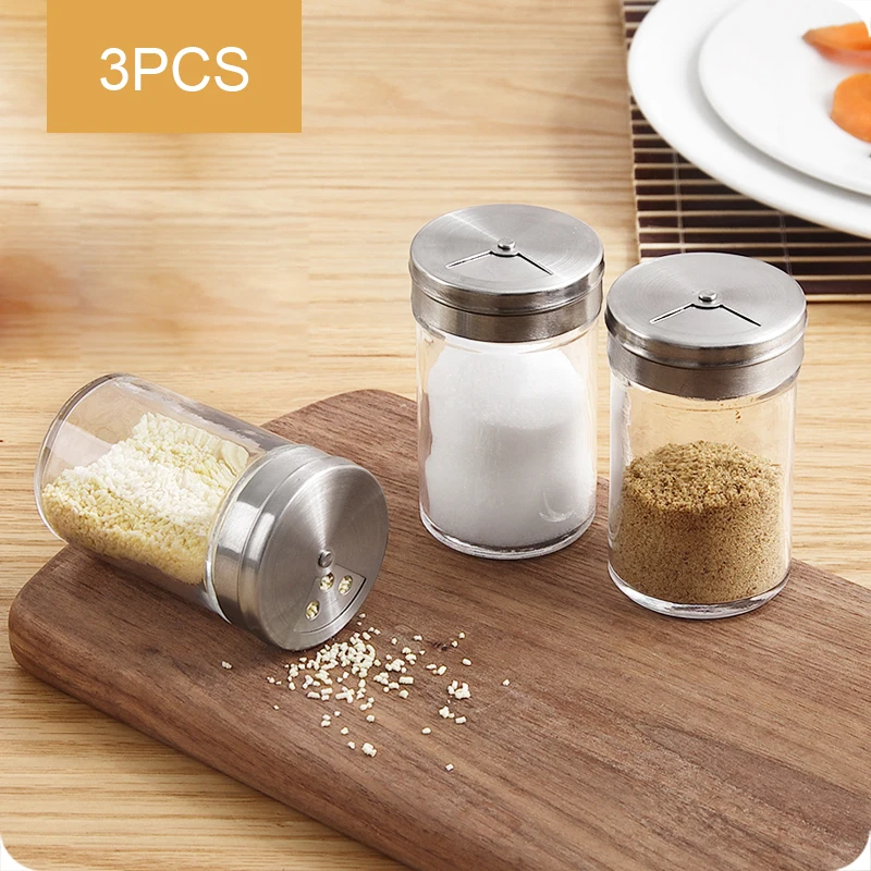 Stainless Steel Glass Spice Shaker Seasoning Dispenser 3 Pc Set with Rotating Lids Spice Jars