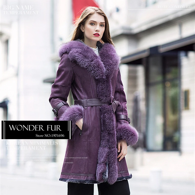 Violet Rex Rabbit Fur And Skin Overcoat With Large Fox Fur Collar And Cuff Special Rex Rabbit Fur Jacket For Beautiful Women