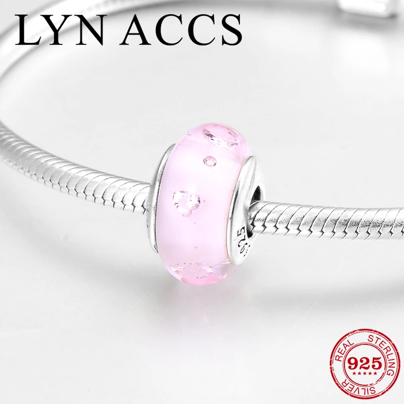 

New DIY gift 925 Sterling Silver fine pink heart Murano Glass Beads Fit Original Pandora Charms Bracelet Bangles Jewelry making