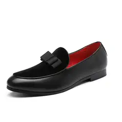 Свадебные модельные мужские повседневные туфли с бантиком, мужские туфли на плоской подошве без шнуровки, черные, красные замшевые лоферы