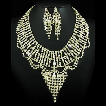 

Bridal Wedding Party Drag Queen Crystal Gold Color Metal Necklace Earrings Set CS1131