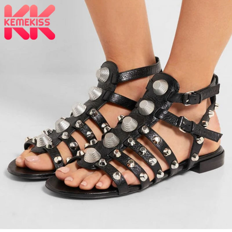 

KemeKiss 2019 New Arrived Women Flats Sandals Fashion Brand Rivets Genuine Leather Gladiator Sandals Flat Shoes Woman Size 34-43
