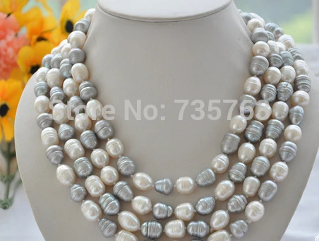 

HOT N576 14mm white gray rice freshwater cultured pearl necklace