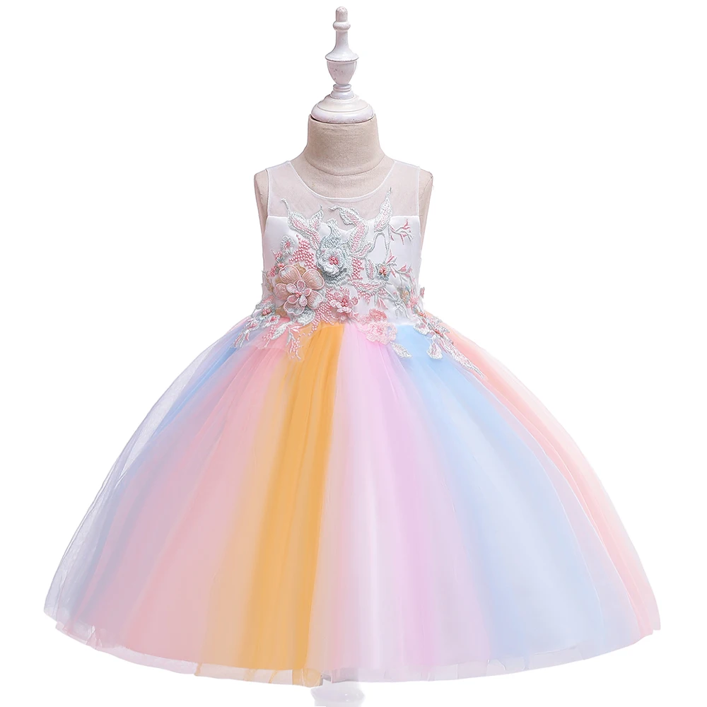 Свадебные платья для девочек, цветастое Сетчатое платье-пачка с бантом, праздничное платье принцессы для девочек-подростков официальная одежда для маленьких девочек, L5137