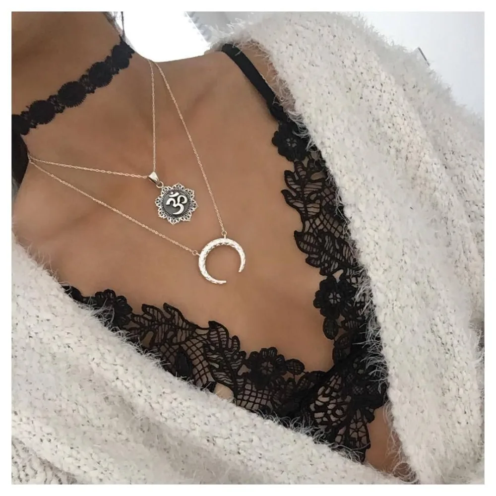

Vintage Yoga Om Moon Lace Chain Pendant Multilayer Necklace Womens Exquisite Silver Party Necklace Set Combination