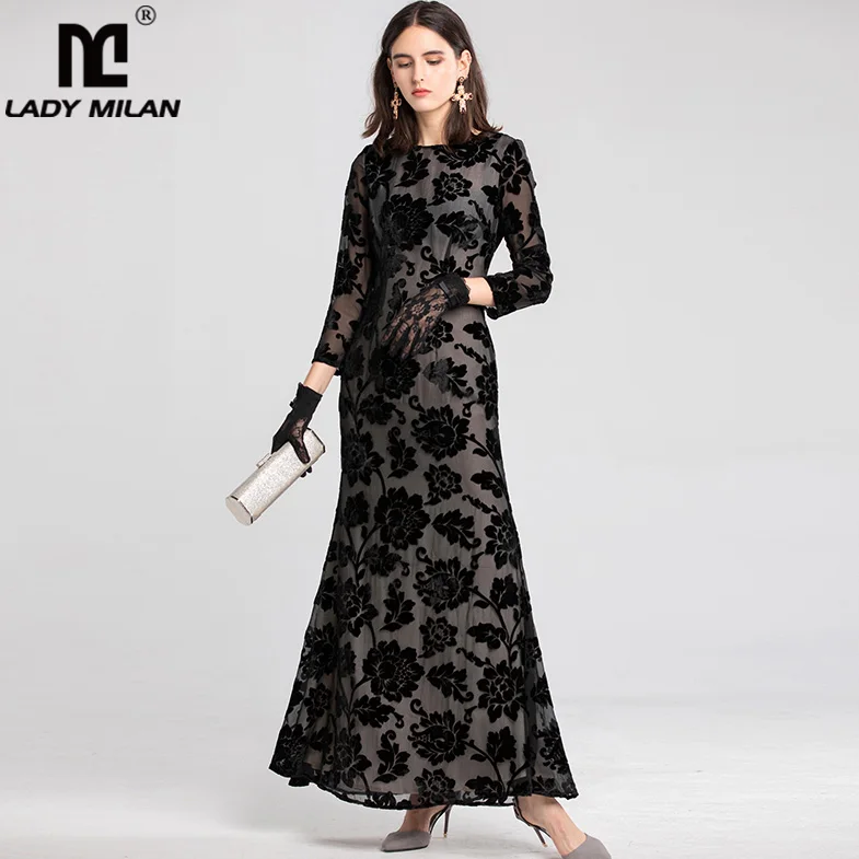 

Lady Milan Women's Runway Dresses O Neck 3/4 Sleeves Flocked Elegant Maxi Mermaid Prom Designer Long Dresses