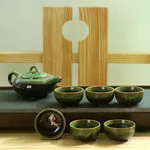Винтажный чайный сервиз в китайском стиле, зеленый/красный керамический кунг-фу, чайник ручной работы, 1 чайник, 6 чайных чашек, мужская домашняя чайная церемония, подарок
