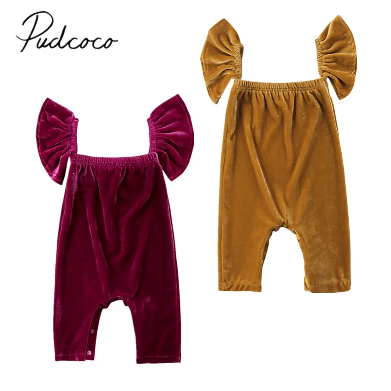 

2018 Brand New Newborn Toddler Infant Baby Girls Ruffle Velvet Off Shoulder Romper Jumpsuit Solid Outfits Retro Summer Clothing