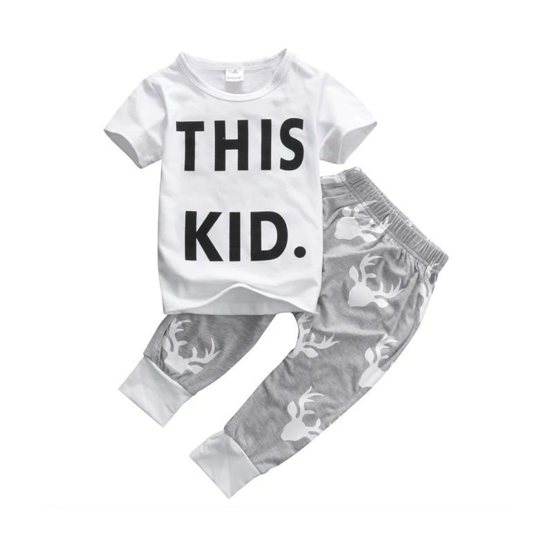 

2018 Fashion Casual Active Newborn Infant Baby Boys Short Sleeve O-Neck Pullover Letter White T-Shirt Tops Deer Print Grey Pants
