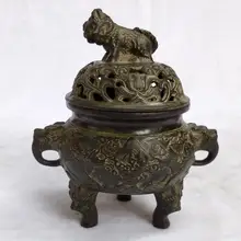 Коллекция Китайский Старый Бронзовый резной 3 фута льва благовония горелка домашнего искусства украшение старинная курильница высота: 12 см/4,8 дюйма