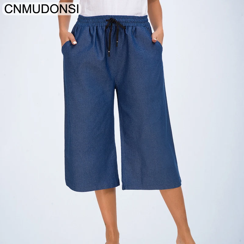 

CNNMUDONSI 2019 fashion denim classic wide leg jeans women calf length pants plus size ladies boyfriend femme baggy trouser blue