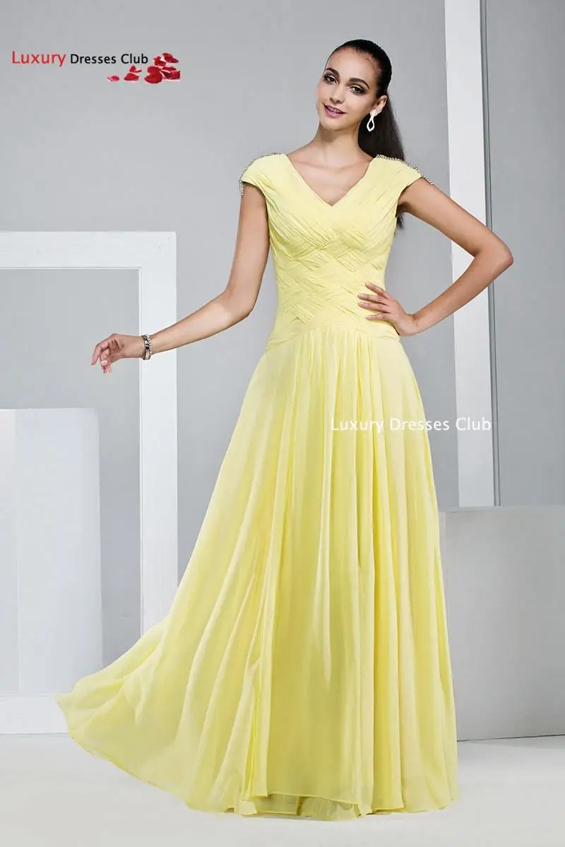 Light Yellow Long Prom dresses 2016 New Women A Line V Neck Chiffon