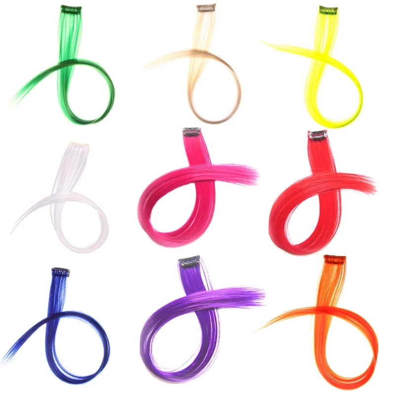 

55cm Long Colorful Highlight Synthetic Hair Extensions Clip In One Piece Straight Hairpiece For Woman