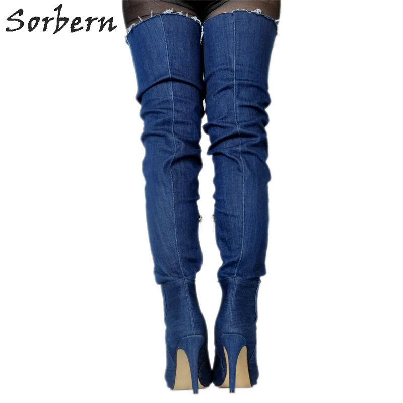 Женские джинсовые сапоги выше колена с открытым носком на платформе|knee boots|over knee