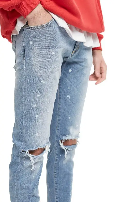 

high quality 2019 Men Fashion Straight Ripped Inked Elastic High Street Hole Jeans Side Zipper blue Jeans Pants trousers Slim