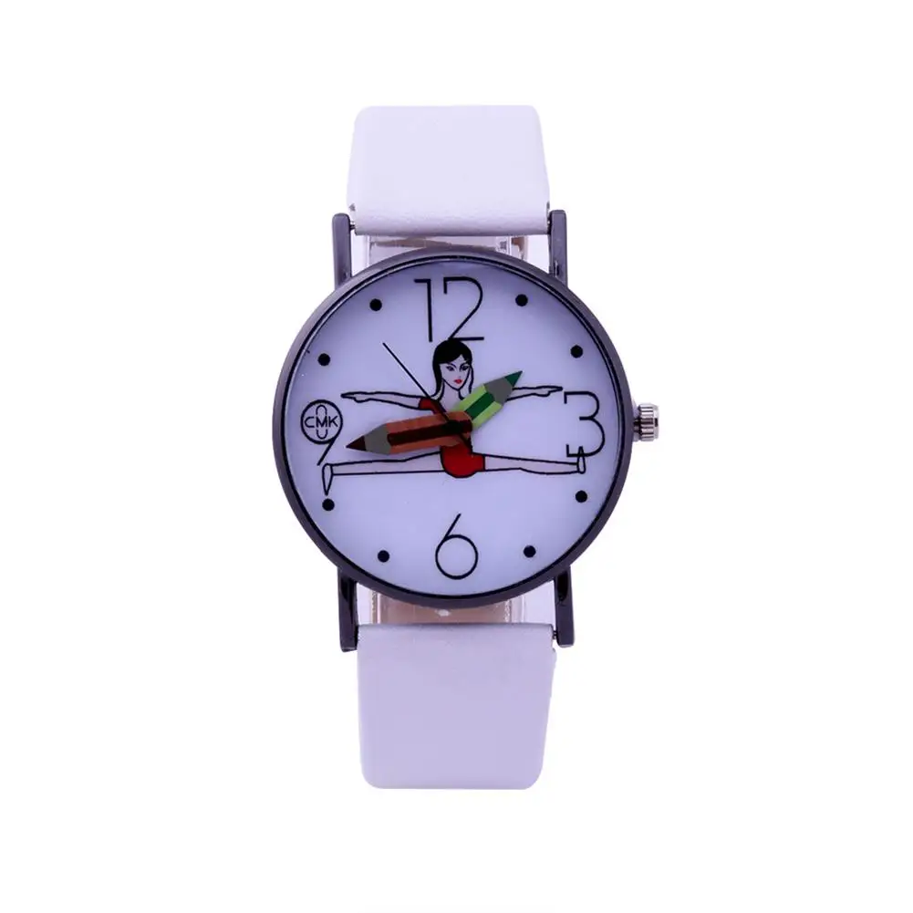 

Girls Cute Gymnastic Dial Pencil Hands Faux Leather Quartz Analog Wrist Watch
