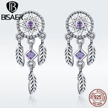 BISAER,, 925 пробы, серебряные, Ловец снов, серьги-гвоздики для женщин, винтажные перья, модные серьги, ювелирное изделие, ECE502