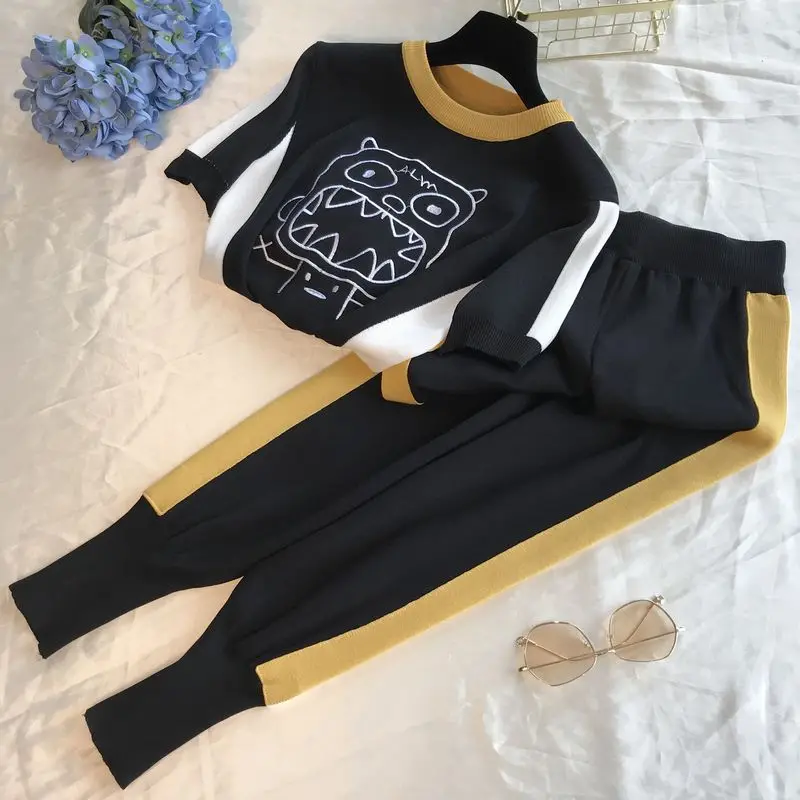 

Women Summer Stretchy Knit 2PCS Set Embroidery Cartoon Pattern Knitted Swearters Jumper Tops+Elastic Waist Pencil Pants
