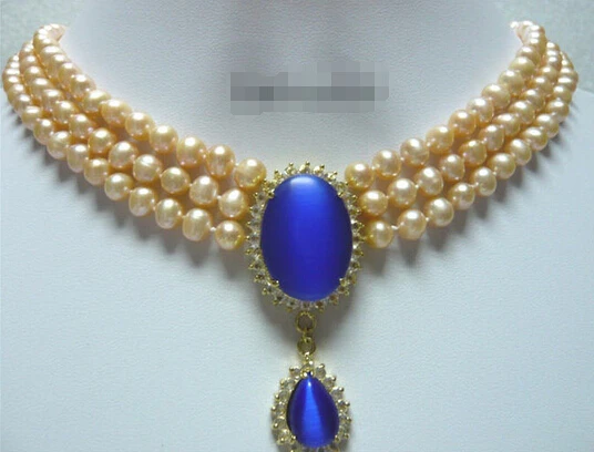 

FREE SHIPPING NEW3 Rows Genuine Pink Pearl Blue Opal 18KGP Crystal Clasp Pendant & Necklace # HOT sell