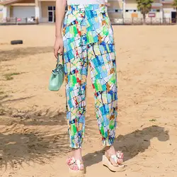 2019 Мода 17 Цвета в богемном стиле с принтом Штаны с высокой посадкой праздничные Пляжные штаны-шаровары для девочки, брюки Повседневное плюс