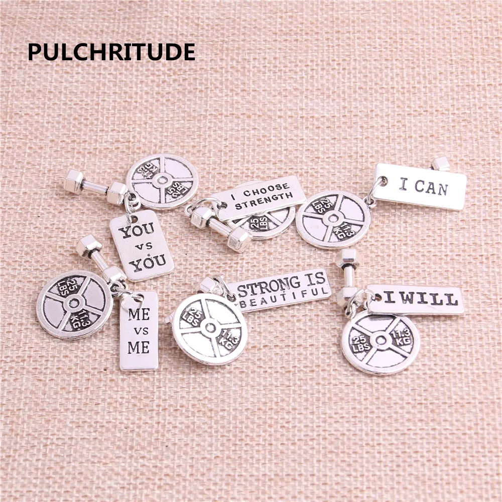 

PULCHRITUDE 8sets/lot Zinc Alloy Antique Silver Color Pendant Bracelet Charm Sport Charm Dumbbell Necklace Pendant Set C0032