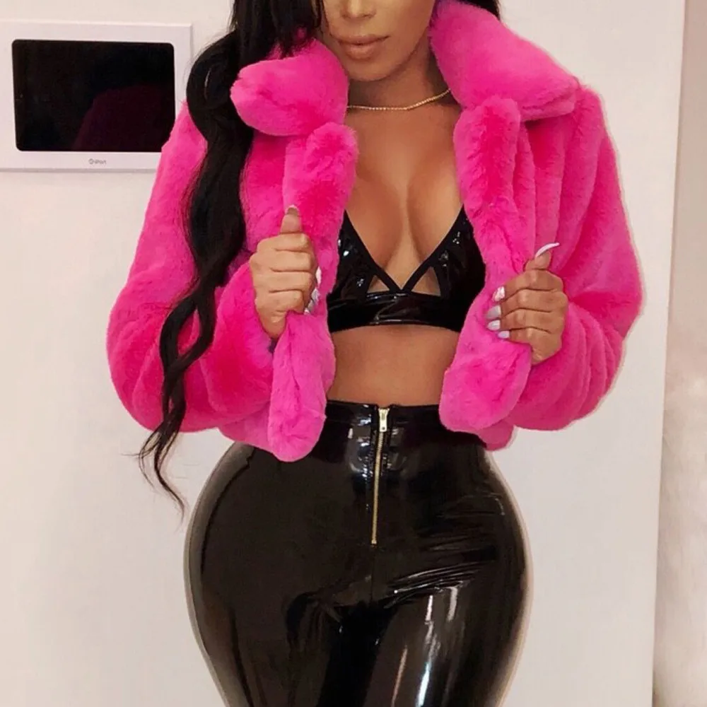 feitong Fashion Women Coat Fluffy Fleece Turn-down Collar Faux Fur Top Short Loose Coat Fashion women clothes 2018 Plus Size